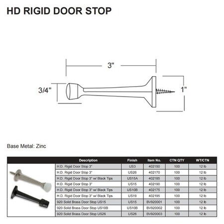 Delaney Hardware 3 in. H.D. RIGID DOOR STOP US26 402170